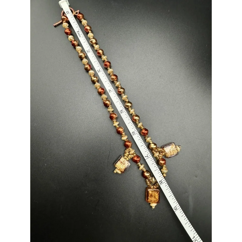 Copper‎ Color Faux Pearl Seed Bead Glitter Glass Dangle Necklace 16 Jewelry